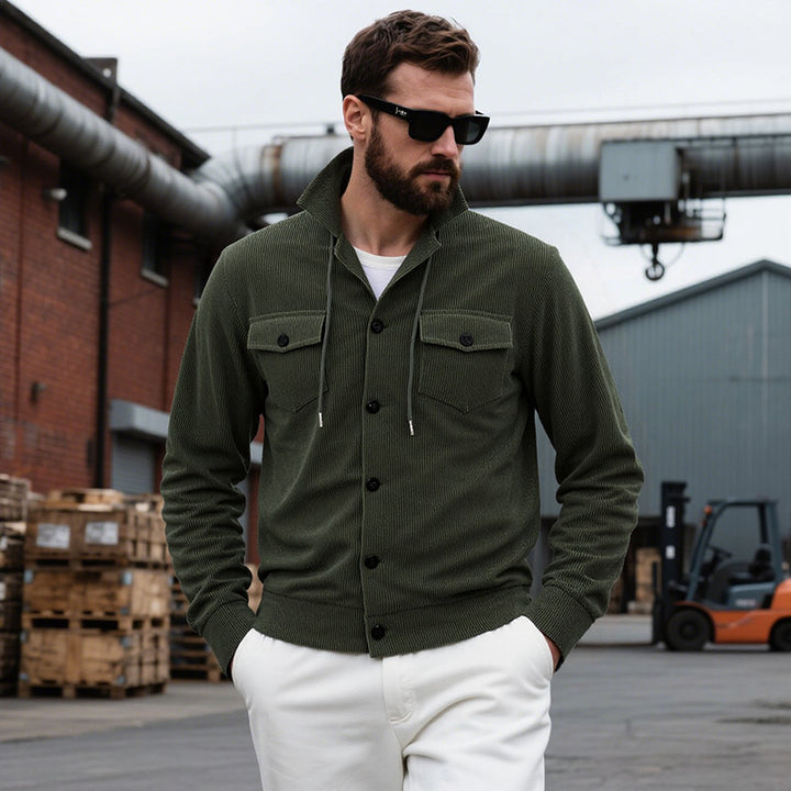 Men's knitted corduroy overshirt jacket with hood, breast pockets and continuous button placket Mune Fashion