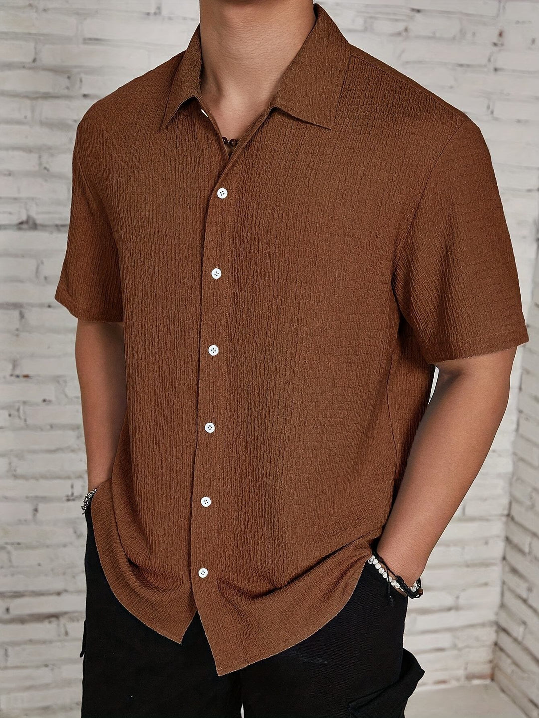 Men's casually cut shirt made of crinkled cotton blend with Kent collar Mune Fashion