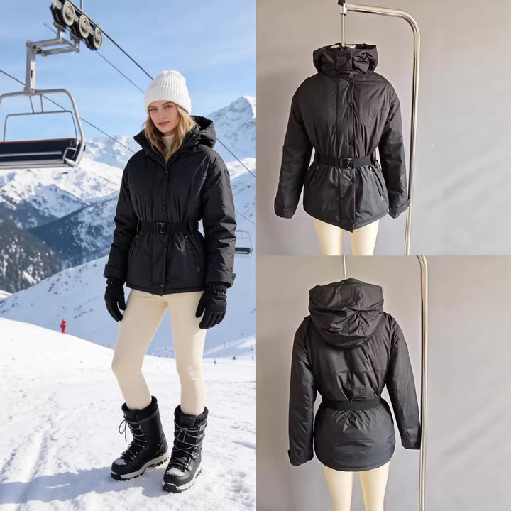 Women's High-Functionality Down-Look Ski Jacket with Waist Belt and Hood Mune Fashion