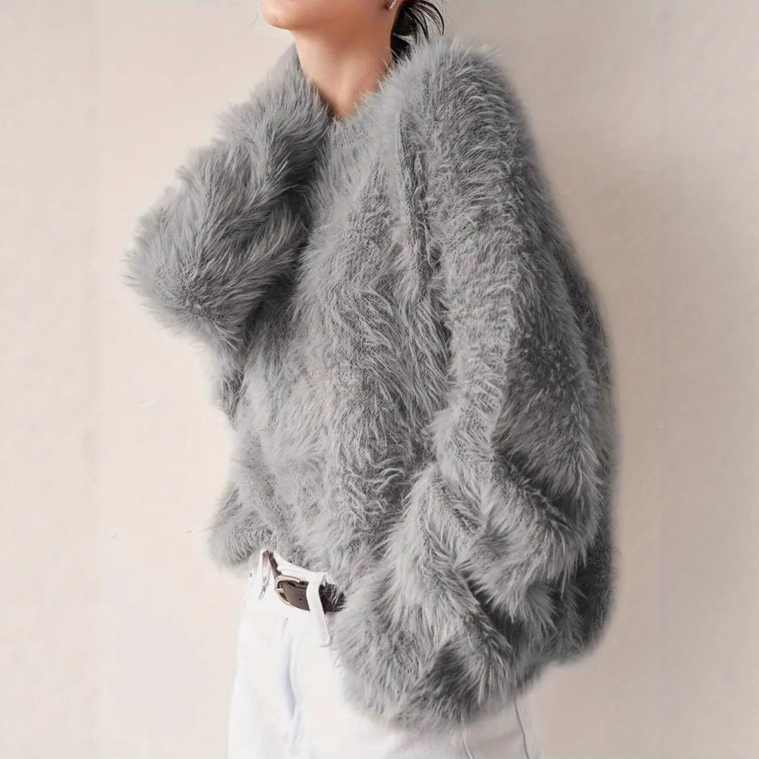 Women's Long Cut Cozy Fine Knit Sweater with Soft Plush Mix, Round Neckline and Casual Silhouette Mune Fashion