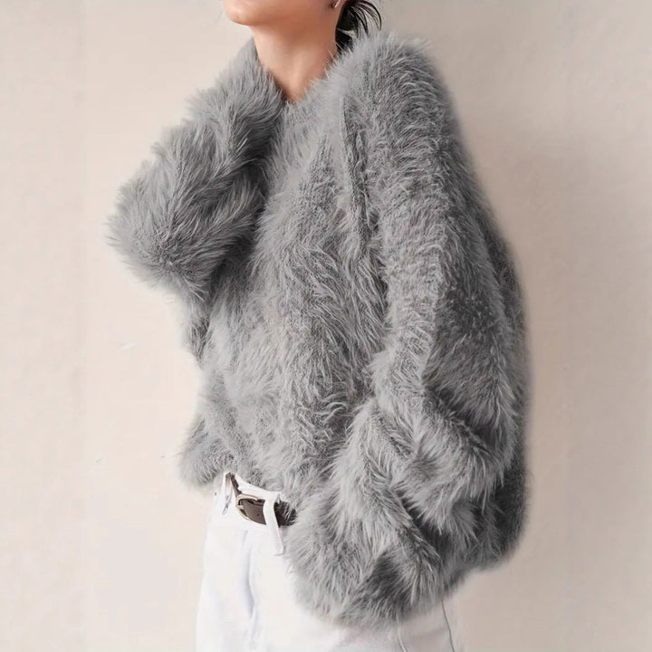 Women's Long Cut Cozy Fine Knit Sweater with Soft Plush Mix, Round Neckline and Casual Silhouette Mune Fashion