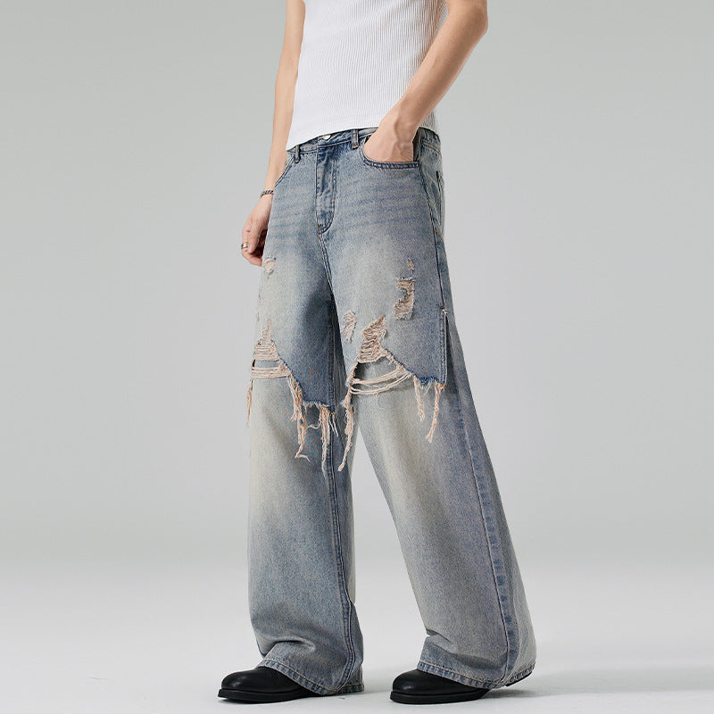 Men's Loose Baggy Jeans made of Denim with Frayed Front Panels Mune Fashion