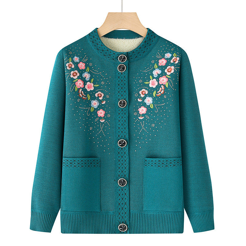 Women's embroidered cardigan with round neck, patch pockets, and decorative button placket Mune Fashion