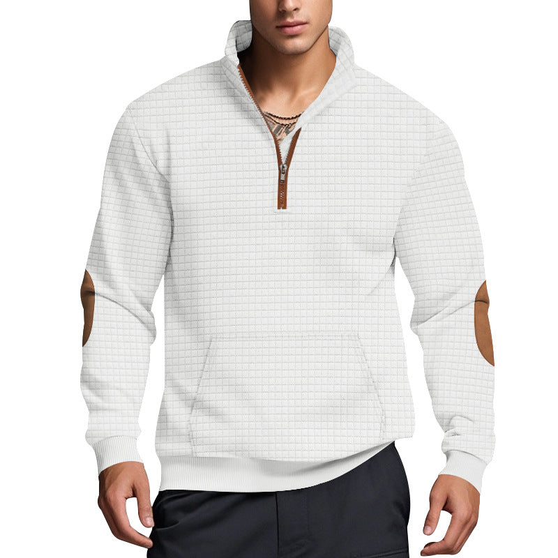 Men's quilted half-zip sweatshirt with stand-up collar, kangaroo pocket, and faux leather elbow patches Mune Fashion