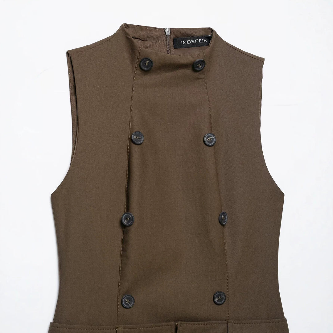 Women’s Sleeveless Pinafore Dress with Double-Breasted Button Placket and Tailored Fit Mune Fashion