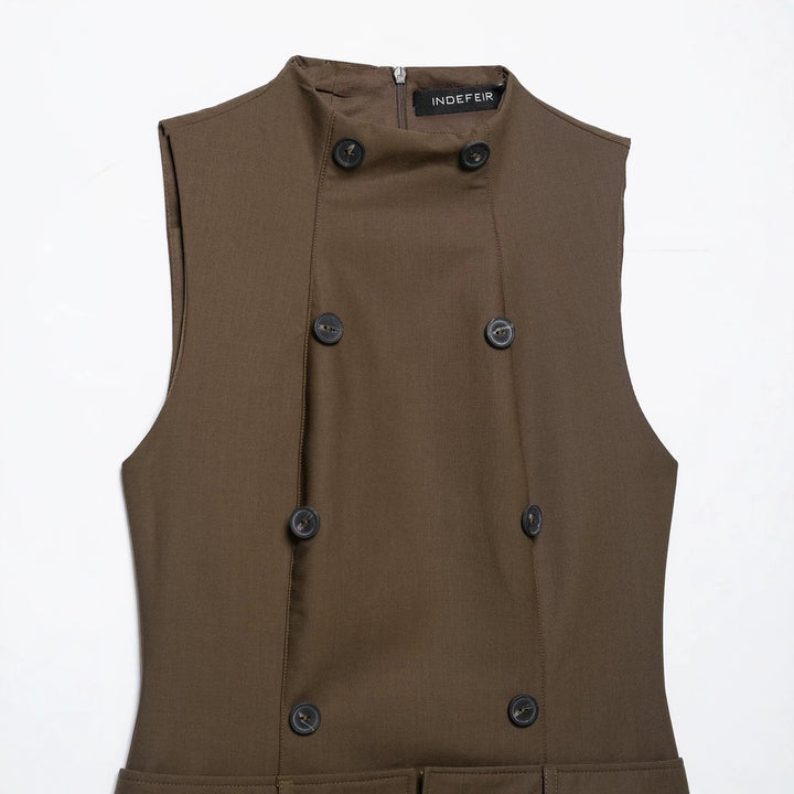 Women’s Sleeveless Pinafore Dress with Double-Breasted Button Placket and Tailored Fit Mune Fashion