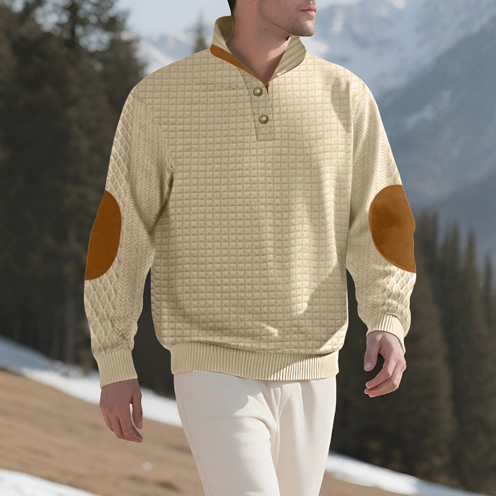 Men's plaid quilted sweatshirt with Henley placket, high stand-up collar, and velour elbow patches Mune Fashion