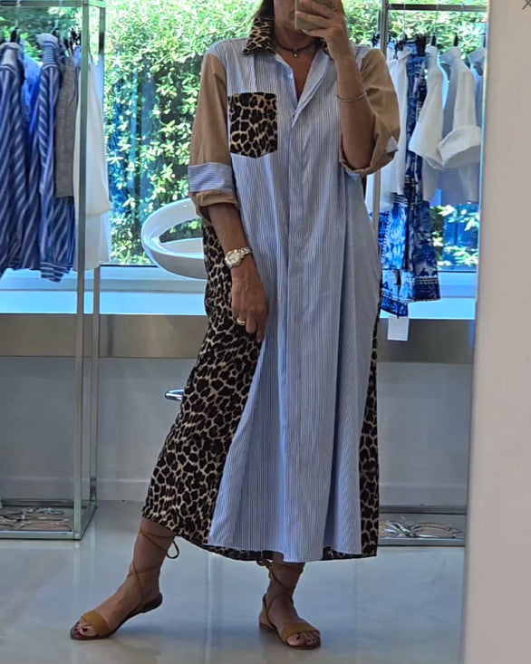 Women's shirt dress in print mix with leopard print side inserts, pinstripe yoke and roll-up sleeves Mune Fashion