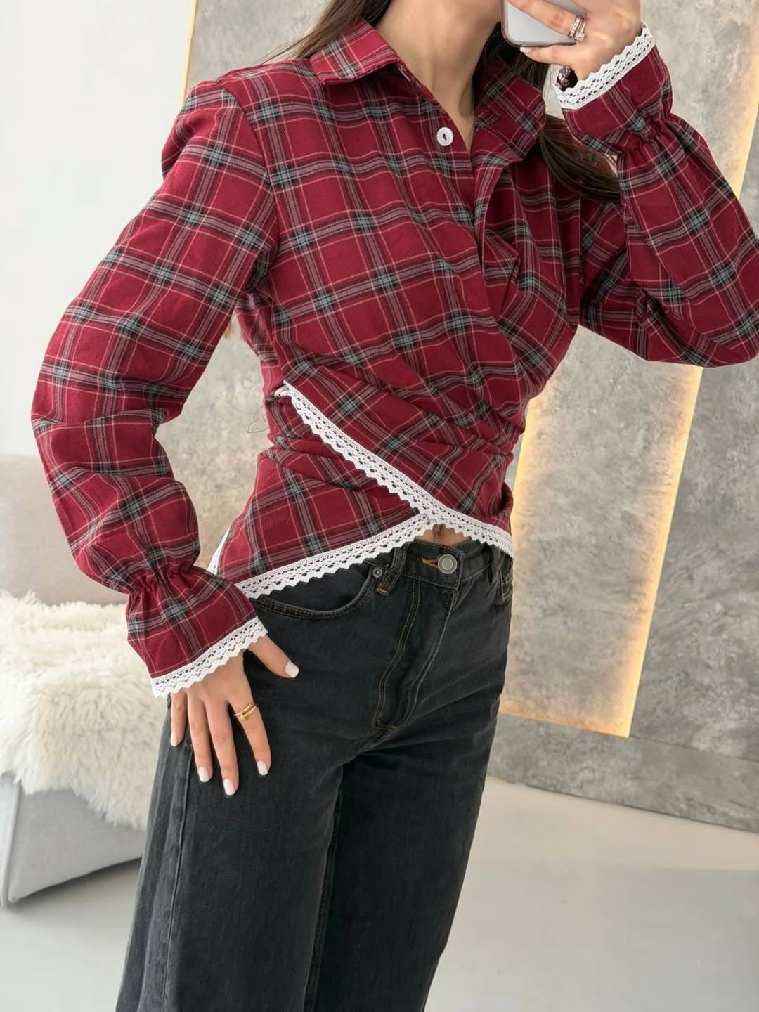 Women's checked shirt with lace trim and asymmetrical wrap hem Mune Fashion