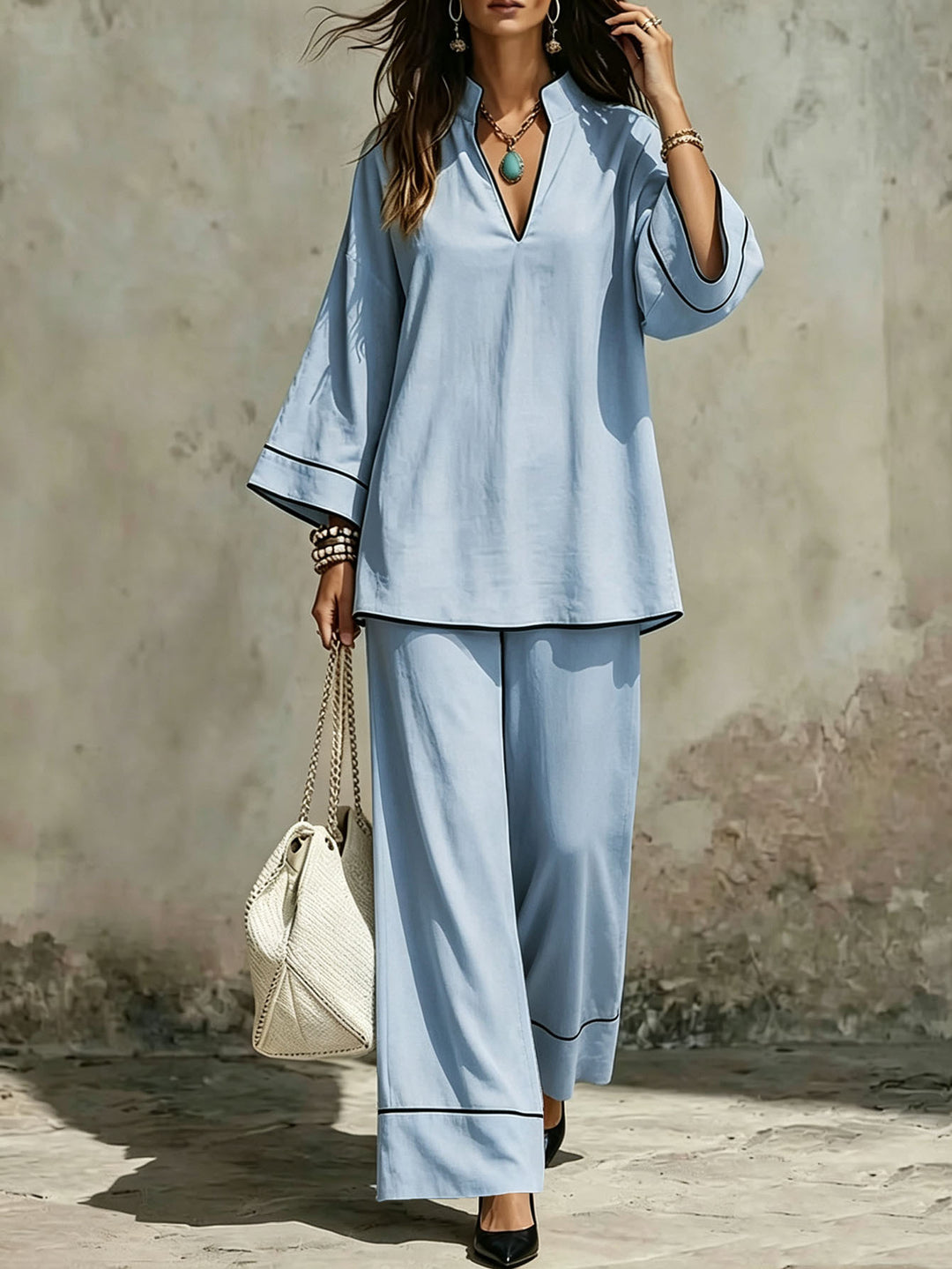 Women's Casual Two-Piece Linen Look Loungewear Set with Stand Collar, V-Neck and Wide Leg Cut Mune Fashion