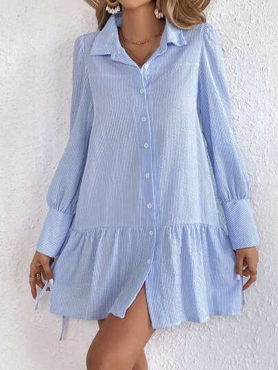 Women's Loose Shirt Dress with Fine Stripes, Ruffled Hem and Cuffs