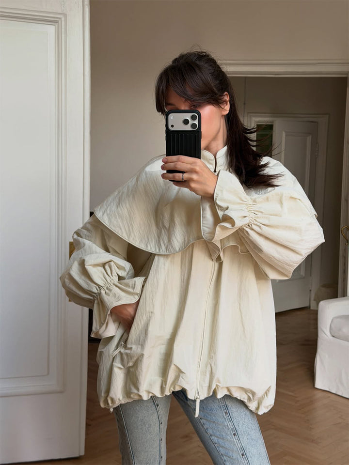 Women's Oversized Jacket with Cape Collar, Balloon Sleeves and Drawstring Mune Fashion