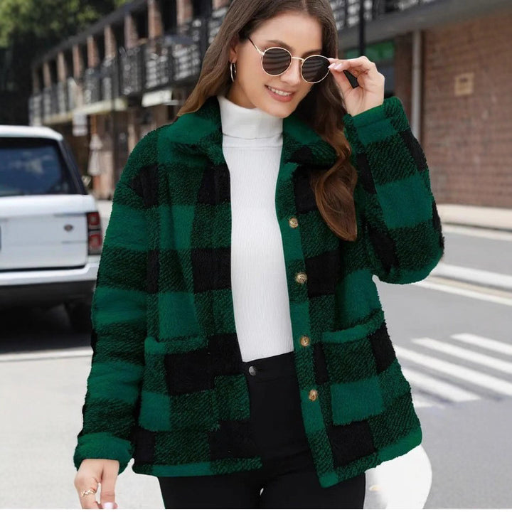 Ladies non-padded checkered teddy fleece shacket with button placket and patch pockets Mune Fashion