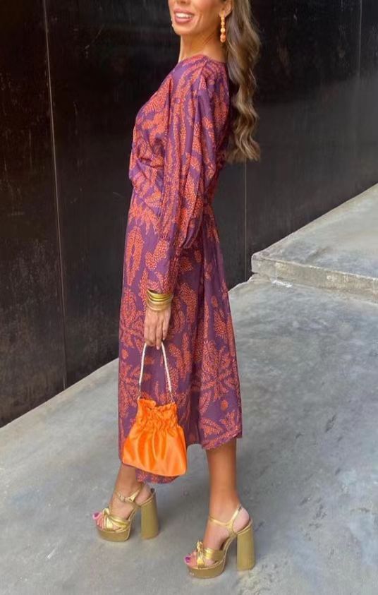 Women's Patterned Midi Dress with Knot Front, V-Neck and Long Sleeves Mune Fashion