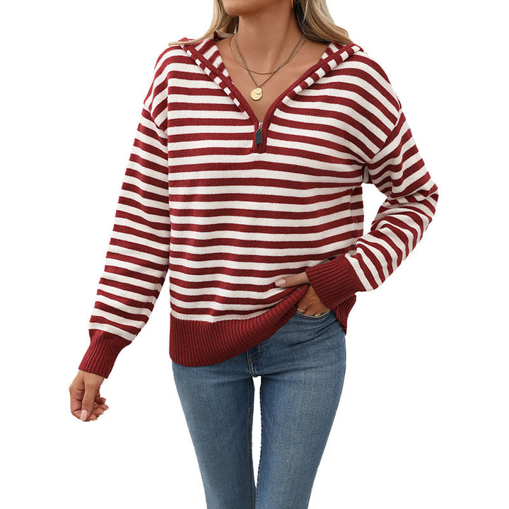 Women's Striped Hoodie with Half Zip and Ribbed Cuffs Mune Fashion