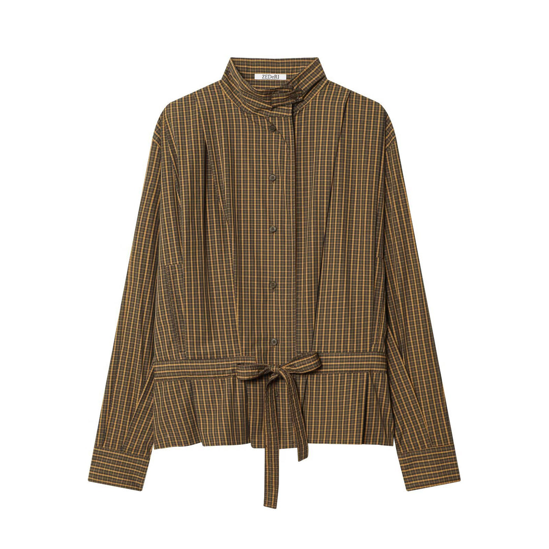 Ladies checkered box jacket with stand-up collar and tie belt Mune Fashion
