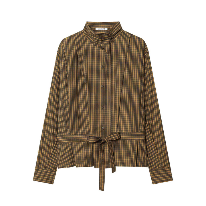 Ladies checkered box jacket with stand-up collar and tie belt Mune Fashion