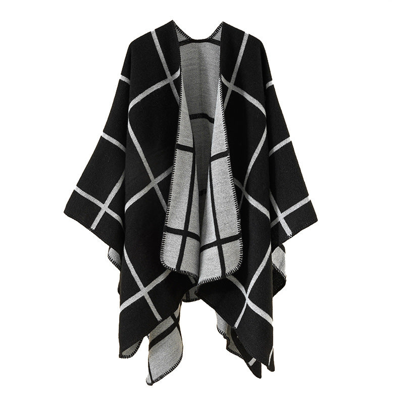 Women's Open Wool Blend Poncho in Cape Style with Subtle Check Pattern Mune Fashion