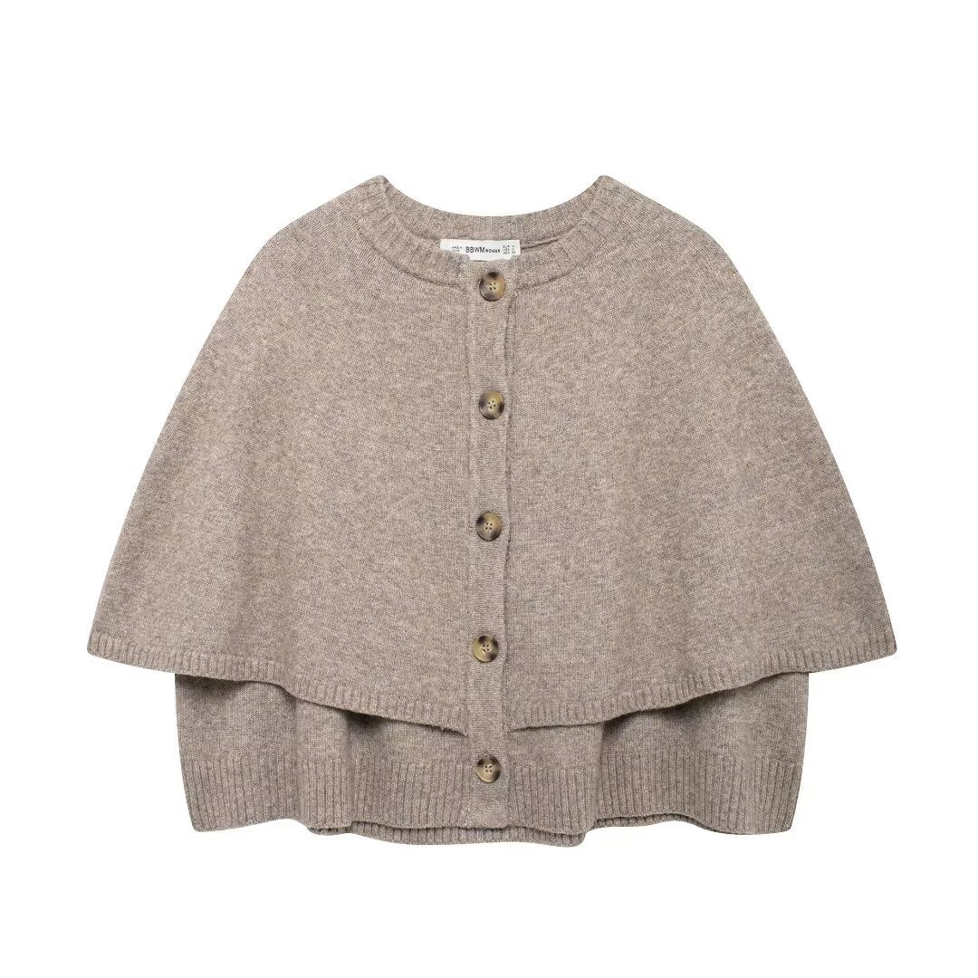 Women Cape Cardigan with Button Placket and Two-Layer Cape Mune Fashion