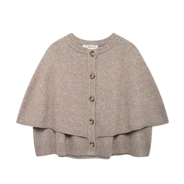 Women Cape Cardigan with Button Placket and Two-Layer Cape Mune Fashion