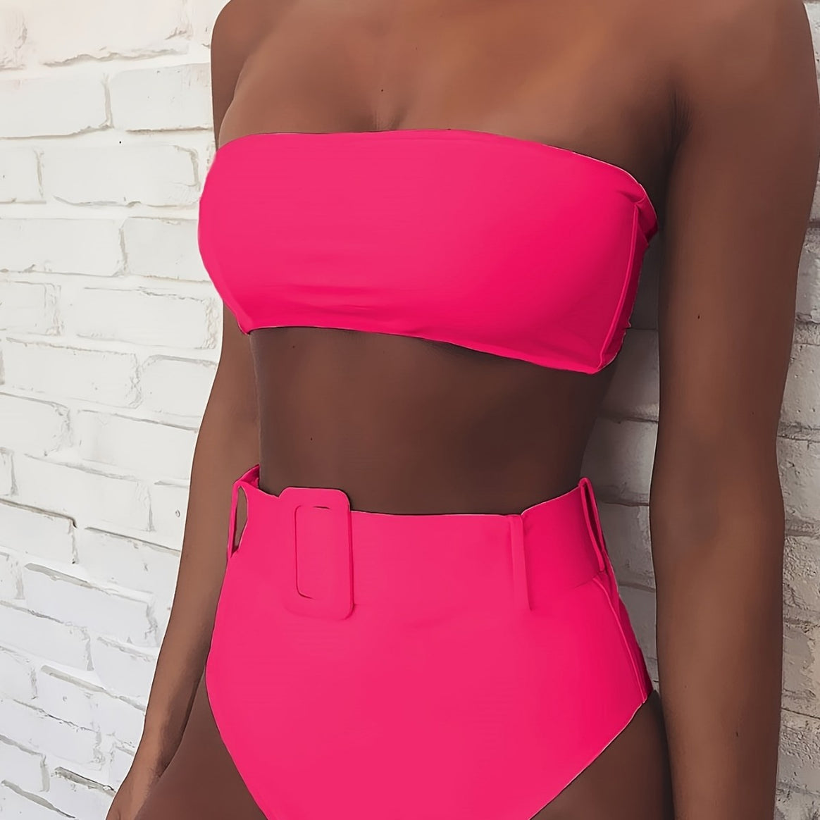 Women's bandeau bikini set with high-waisted pants and trendy belt detail Mune Fashion