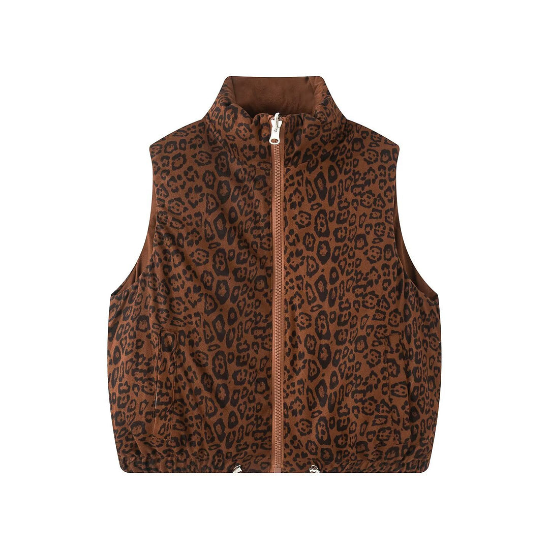 Women Padded Quilted Vest with High Stand-Up Collar and Leopard Print Lining Mune Fashion