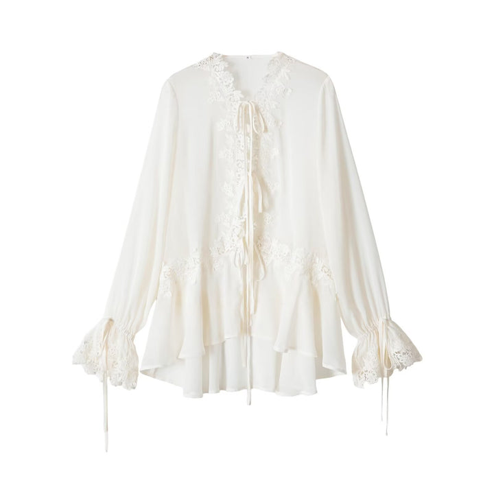 Women’s Boho Lace Blouse with Ruffles, Long Ruffled Sleeves, and Ties Mune Fashion