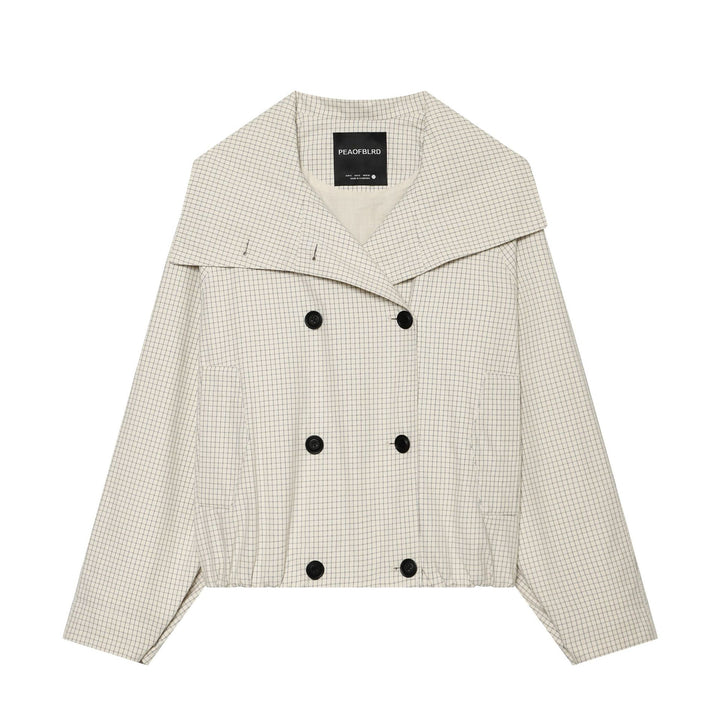 Women's Cropped Short Trench Coat with Wide Shawl Collar, Checkered Grid Print and Elastic Hem