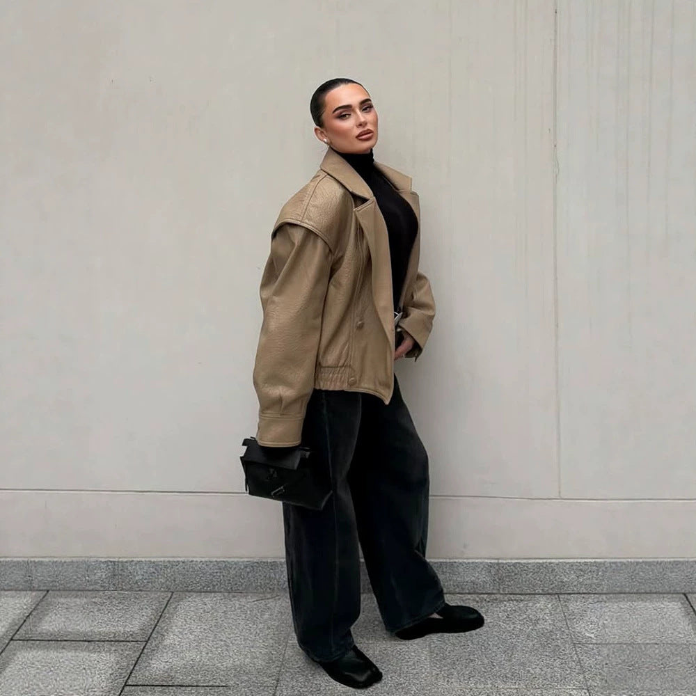 Women Oversize Faux Leather Bomber Jacket with Boxy Cut and Wide Lapel Mune Fashion
