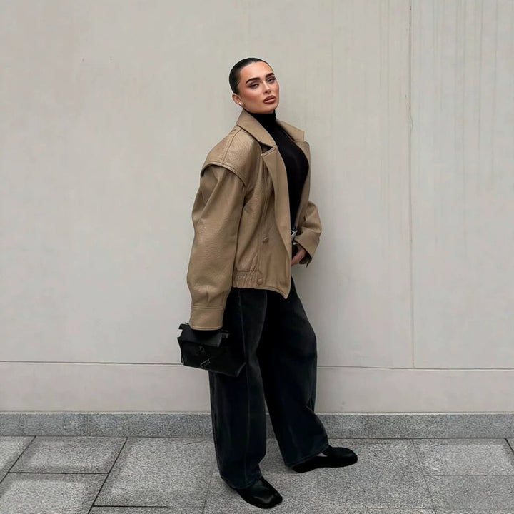 Women Oversize Faux Leather Bomber Jacket with Boxy Cut and Wide Lapel Mune Fashion