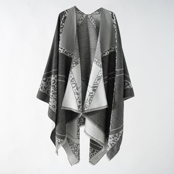 Women's Large Double-Face Jacquard Cape with Animal Patch and Fine Fringe Hem Mune Fashion