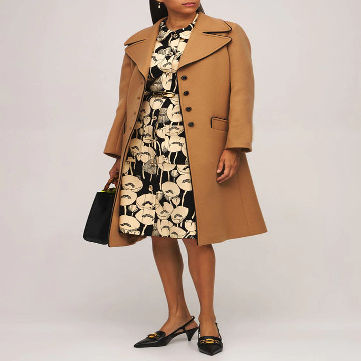 Ladies Tailored Wool Blend Coat with Wide Lapels and Flared Skirt Mune Fashion