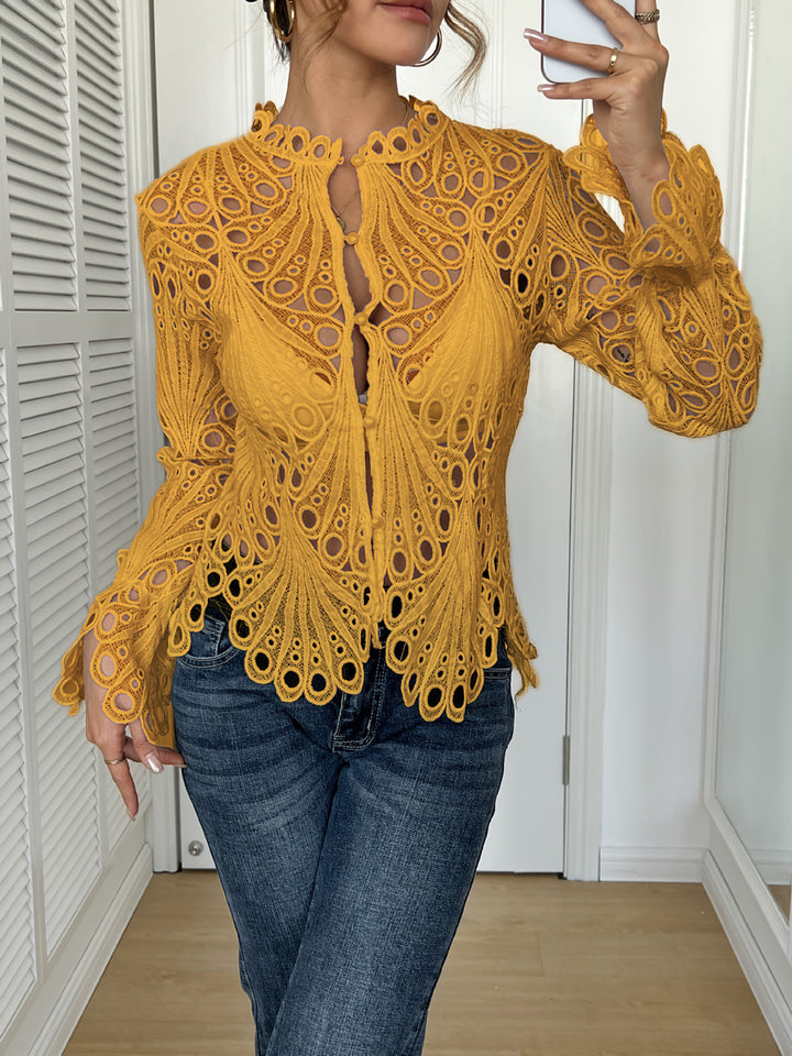 Women's filigree crochet lace blouse with stand-up collar, decorative button placket, and wavy hem Mune Fashion