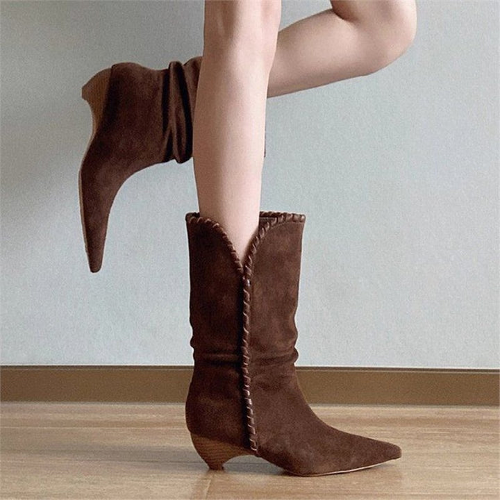 Women’s Slip-On Velour Boots with Decorative Stitching, V-Cuff and Sculpted Kitten Heel Mune Fashion
