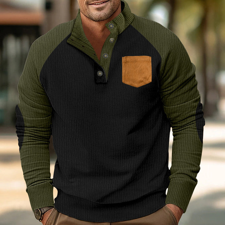 Men's ribbed waffle henley long sleeve shirt with stand-up collar snap button placket contrasting sleeves and chest pocket Mune Fashion