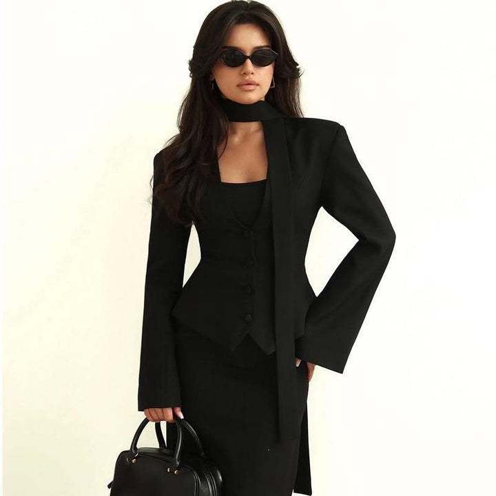 Women Tailored Blazer with Tie Scarf and Fitted Vest Mune Fashion