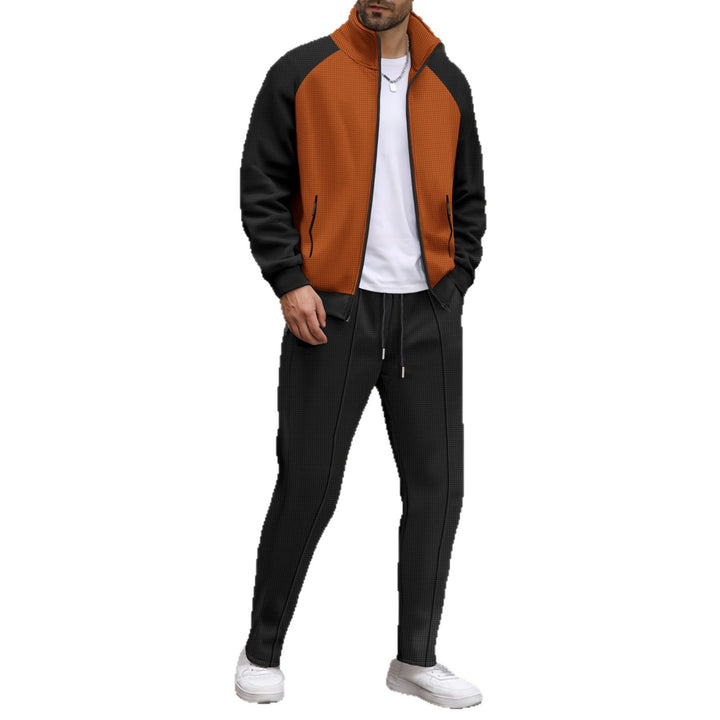 Men's Two-Tone Sports Training Jacket with Waffle Structure Stand Collar Raglan Sleeves and Hidden Zipper Pockets Mune Fashion