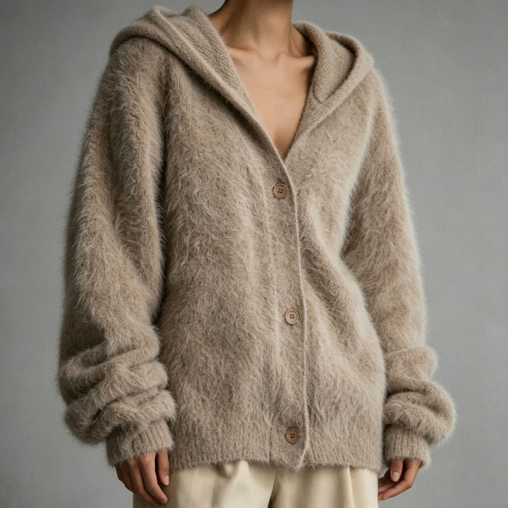 Women's Fluffy Hooded Cardigan in Mohair Look with Button Placket Mune Fashion