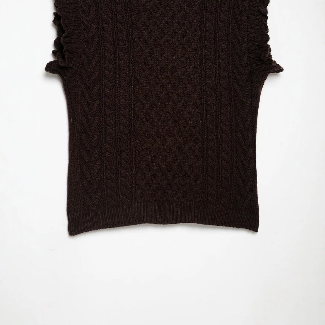 Women's Sleeveless Cable Knit Vest with Button Placket and Ruffled Hem Mune Fashion