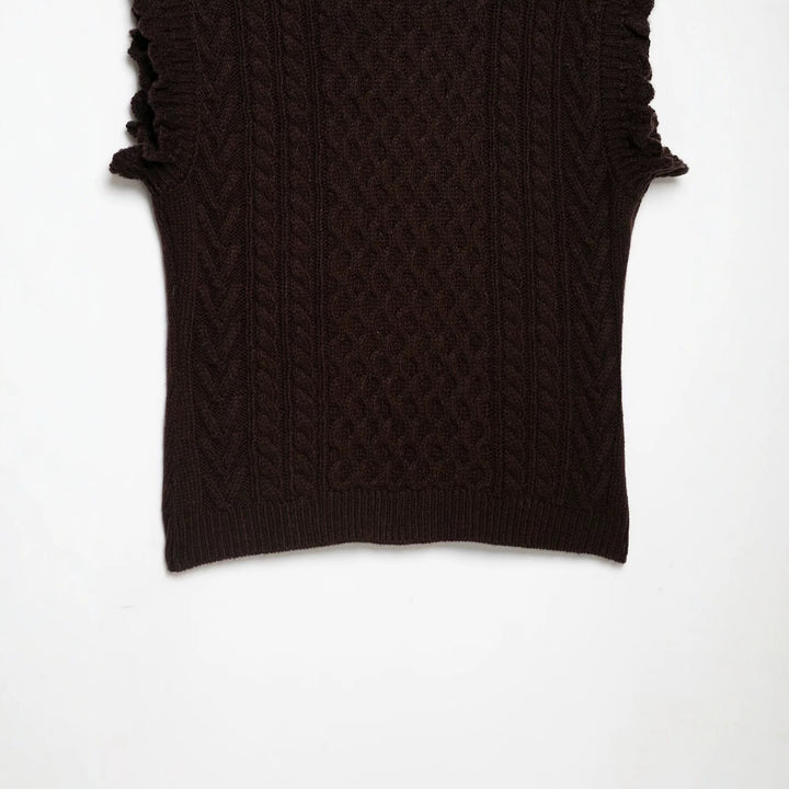 Women's Sleeveless Cable Knit Vest with Button Placket and Ruffled Hem Mune Fashion