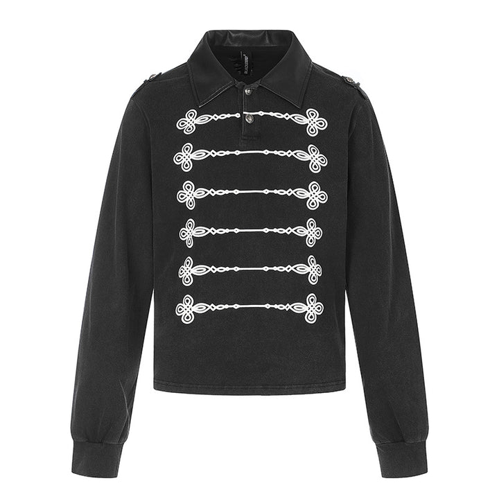 Women's pullover in military style with polo collar, decorative frogging applications, and epaulettes.