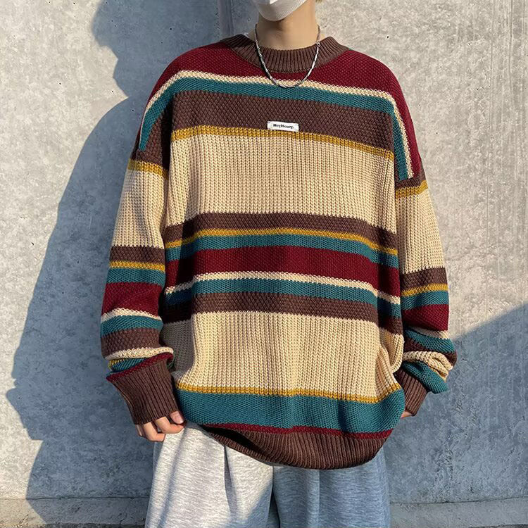 Men's Casual Chunky Knit Sweater with Colorful Stripe Pattern Mune Fashion