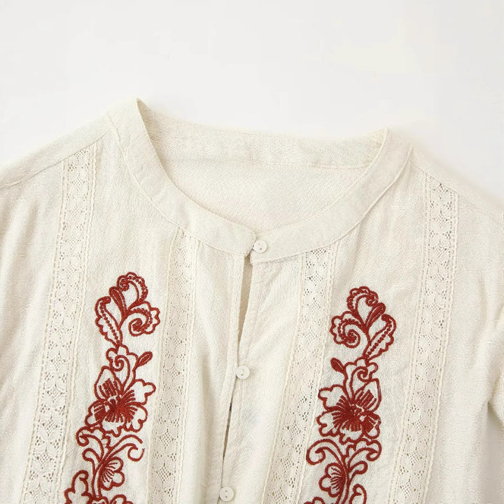 Women embroidered Boho blouse with drawstring waist, lace trim and ruffled hem Mune Fashion