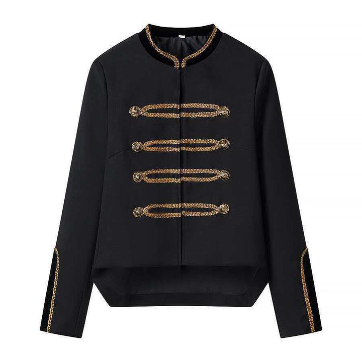 Women's Cropped Military Jacket with Decorative Cord and Velvet Collar Mune Fashion