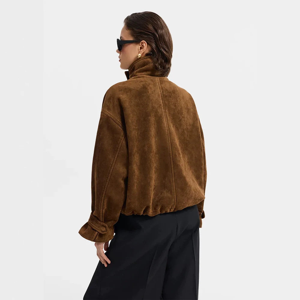 Ladies Oversize Suede Blouson with Large Flap Pockets and Stand-up Collar Mune Fashion