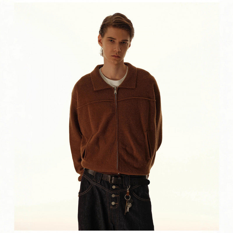 Men's knitted zip jacket with shirt collar, ribbed cuffs, and concealed side pockets Mune Fashion