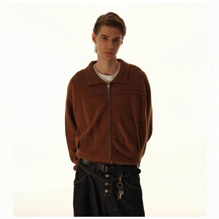 Men's knitted zip jacket with shirt collar, ribbed cuffs, and concealed side pockets Mune Fashion