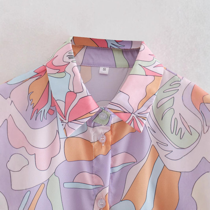 Women Oversize Shirt Blouse with Abstract Allover Print, Lightweight Chiffon Top, Long Sleeves Mune Fashion