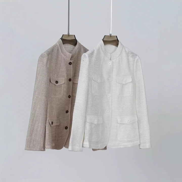 Women's Lightweight Crochet Look Transition Jacket with Round Collar and Flap Pockets Mune Fashion