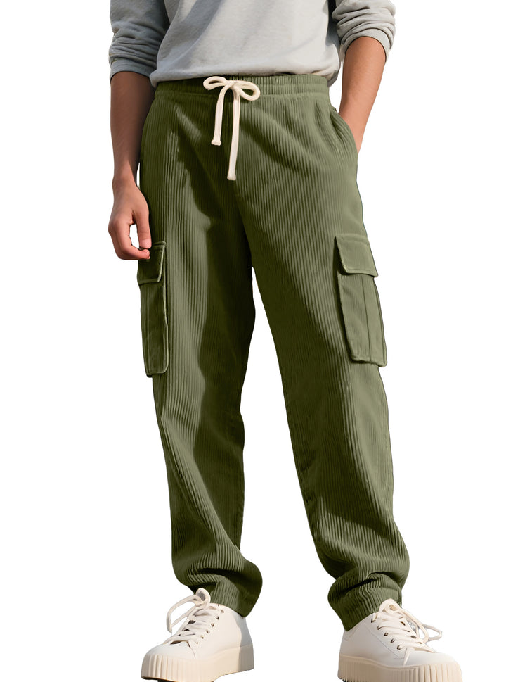 Men's casual utility cargo joggers with vertical ribbed structure, drawstring waistband, and large flap pockets Mune Fashion